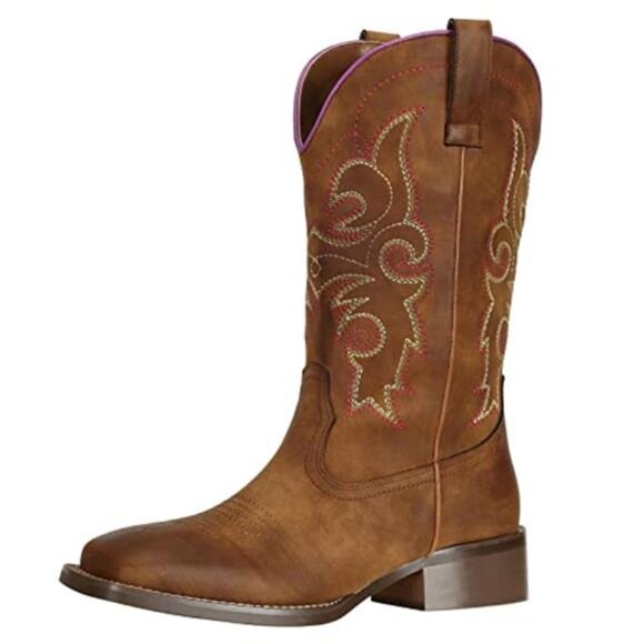 Women Cowboy Boots Wide Calf Square Toe Western Brown Cowgirl Riding Dance Shoes